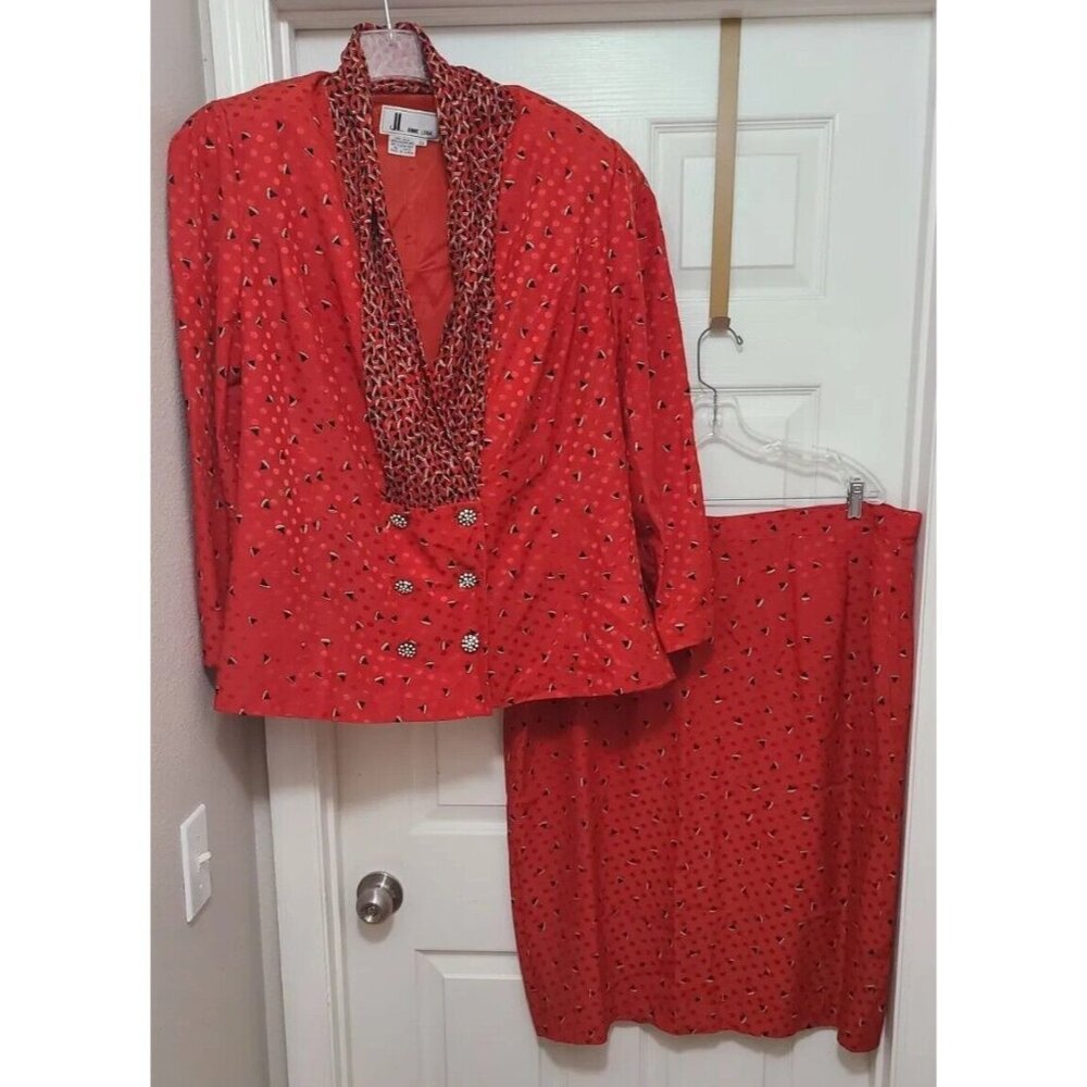 Vtg Junnie Leigh Outfit Set of 2 Jacket and Skirt 100% Silk Red Plus Size 22